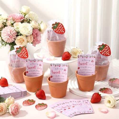 Ctosree 50 Sets Strawberry Baby Shower Favors for Guests a Berry Sweet Baby Is on the Way Seed Packets Include Self-adhesive Seed Packets Flowerpot Thank You Tags Organza Bags for Gender Reveal Party - Image 3