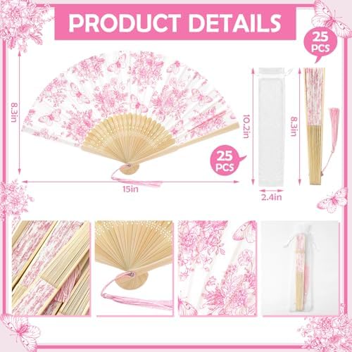 JarThenaAMCS 25 Sets Pink Floral Hand Folding Fans with Bags Wedding Party Favors Chinoiserie Flower Butterfly Foldable Paper Fans with Tassel for Bridesmaid Bridal Shower Decor - Image 2