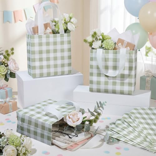 Lingvee 50 Pack Gingham Gift Bag Bulk Sage Green and White Theme Plaid Reusable Tote Bags with Handle Non Woven Candy Bags for Checkered Themed Birthday Baby Shower Party Decorations Supplies - Image 5