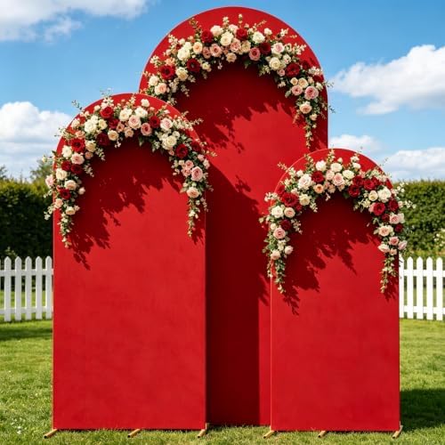 Set of 3 Metal Arch Backdrop Stands with Red Covers, 4/5/6FT - Image 2