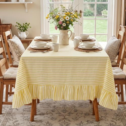 Eternal Beauty Striped Ruffled Tablecloth 60x102 Inch Yellow White - Image 2