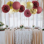 ANSOMO Burgundy and Gold Party Decorations Maroon Wine Dark Red Paper Fans Lanterns Tissue Pom Poms Wall Hanging Decor Supplies Bridal Baby Shower Birthday Wedding Graduation (Pack of 3) - Image 4
