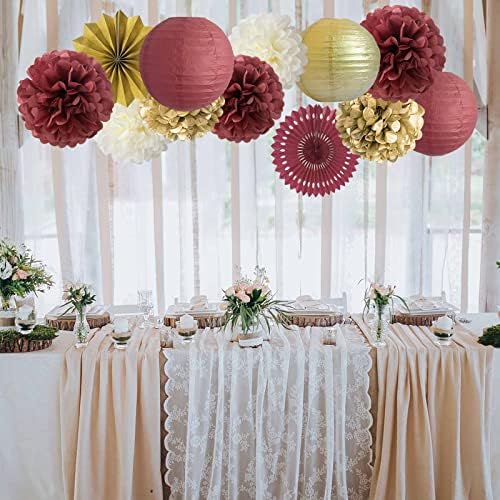 ANSOMO Burgundy and Gold Party Decorations Maroon Wine Dark Red Paper Fans Lanterns Tissue Pom Poms Wall Hanging Decor Supplies Bridal Baby Shower Birthday Wedding Graduation (Pack of 3) - Image 4