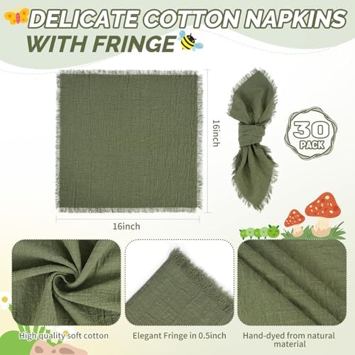 Showgeous 30 Pack Olive Green Cloth Napkins with Fringe, 16x16 inch - Image 2