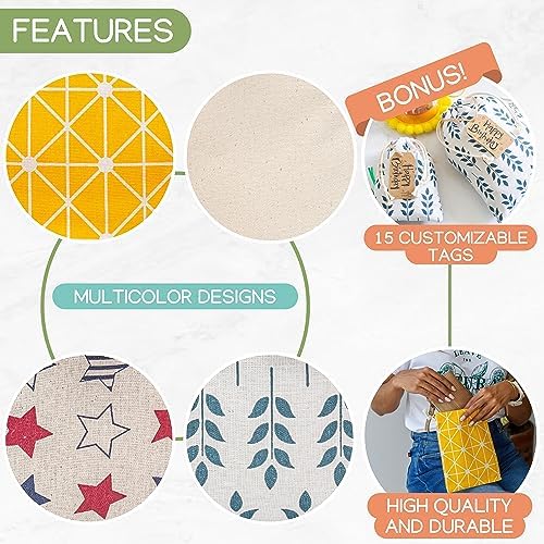 12 PCS Reusable gift bags with drawstring + 15 gift tags | Fabric gift bags in 3 Sizes | Gift wrapping alternative, storage bags, travel & party favor bags. 1st Ed. - Image 4