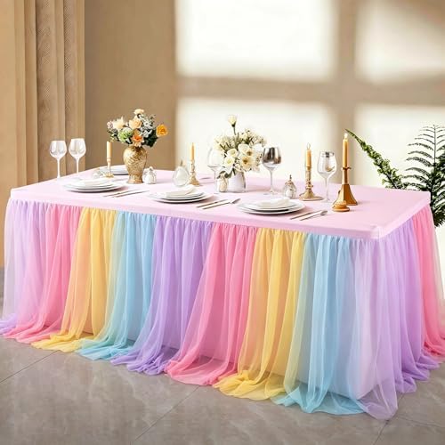 6 Pack Rainbow Tablecloth for 6 Foot Rectangle Tables Tulle Table Skirt - Image 5
