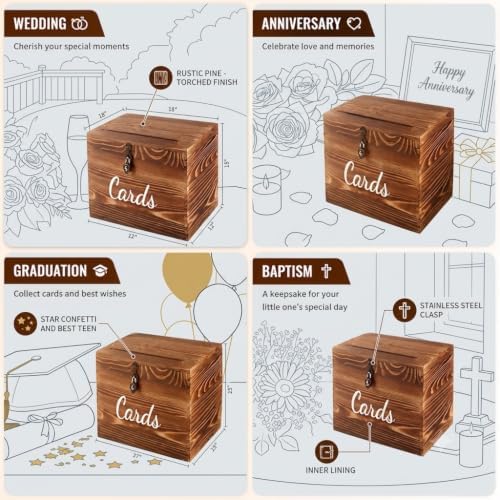 mwater Rustic Wooden Wedding Card Box with Lock（ 10×10×6 inches - Image 3