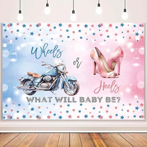 MEHOFOND 10x7ft Wheels or Heels Gender Reveal Backdrop Boy or Girl What Will Baby Be Decorations Banner Motorcycle and High Heels Gender Reveal Baby Shower Photography Background Cake Table Supplies - Image 2