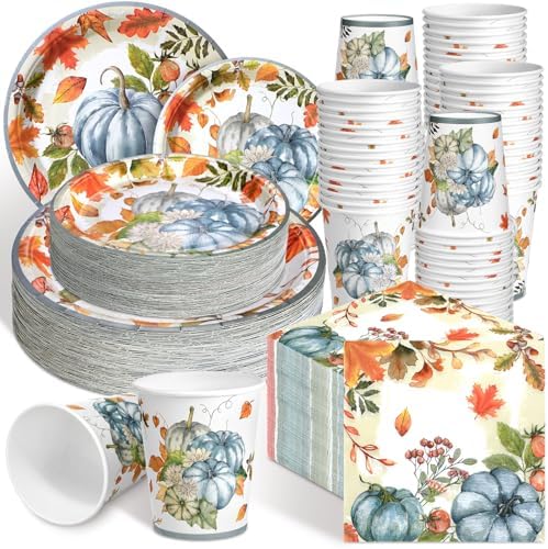 Hsei 250 Pcs Fall Blue Pumpkin Plate and Napkin Party Disposable Tableware by Hsei