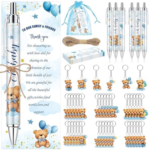145 Pieces Baby Shower Favors for Guest Blue Teddy Bear Ballpoint Pens and Keychains Gifts for Boys Bulk Retractable Baby Shower Pens Gender Reveal Thank You Cards Souvenirs Prizes Party Favors by EYNDYN
