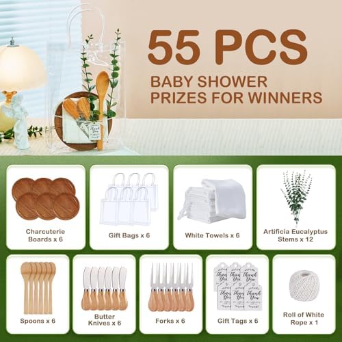 55Pcs Baby Shower Prizes for Game Winners 6 Sets Cheese Board Spoon Fork Butter Spreaders Plaid Towel Thank You Card and Gift Bags for Baby Shower Wedding Bridal Shower Favors (Round Shaped) - Image 2