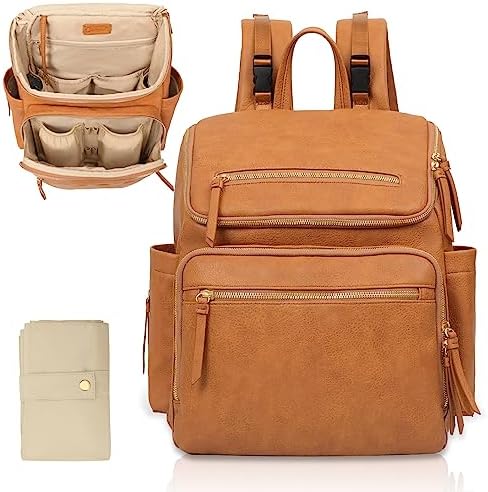 Omanmoli Diaper Bag Backpack Large Baby Diaper Bag Leather with 17 Diaper Bag Organizing Pouches,Changing Pad,Stroller Straps,4 Insulated Pockets,Honey by Omanmoli