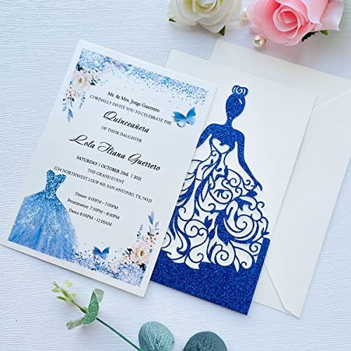5.12 x7.28 inch 50PCS Royal Blue Glitter Quinceanera Invitations Kit Laser Cut Hollow Girl Princess Pocket with Envelopes Invitations for Quinceanera Bridal Shower Invite - Image 2
