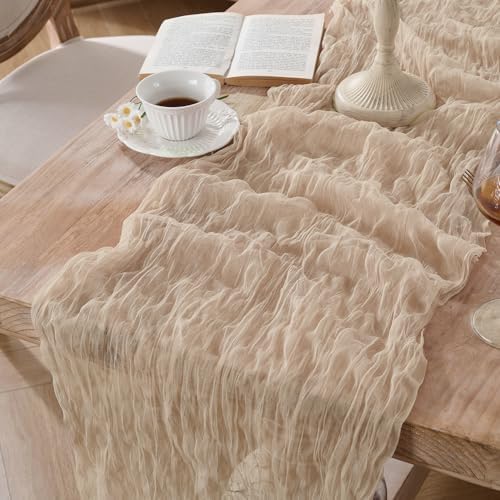 12 Pack Tan Beige Cheesecloth Table Runners, 120 Inch 10Ft Gauze Table Runner for Wedding Birthday Party Baby Shower Decorations - Image 3
