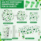 Potchen 452 Pcs Themes Party Supplies Decorations for 50 Guests, Paper Plates Napkins Cups Tablecloth Cutlery Straws for Birthday Baby Shower Party Decorations(White Green,St. Patrick’s Day) - Image 2