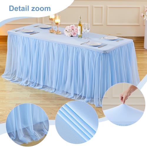 HB HBB MAGIC Baby Blue Tablecloths 8 Foot Rectangle Tulle Table Skirt Rectangle Tables 8ft Fitted Spandex Table Covers Light Blue Tablecloth - Image 3