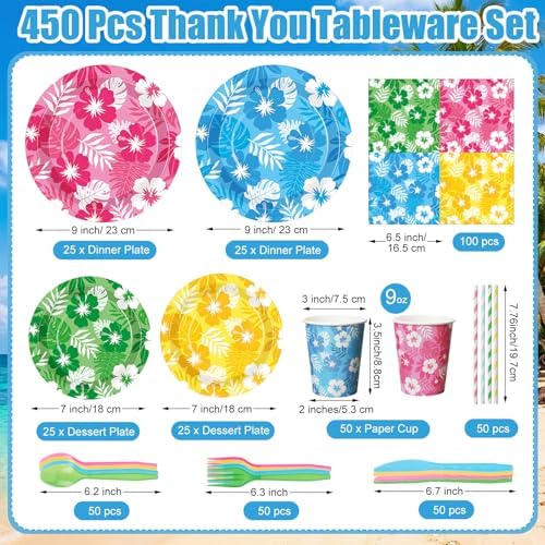 450 Pcs Tableware Set, Serve 50, Colorul, Hawaiian Leaves Flowers - Image 2