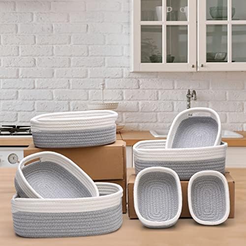 7 Piece Cotton Rope Woven Basket Set - Small Basket for Baby Nursery, Pets, Montessori, Dog & Cat Toy Boxes, Bathroom Organization Bins (White/Gray) - Image 4