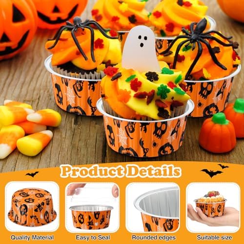 200 Set 5 oz Foil Baking Cup with Lid, Halloween, Orange - Image 2