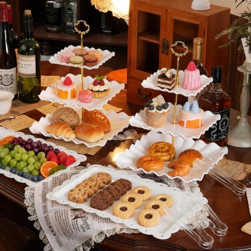 Lzerking Dessert Table Display Set 13PCS, 3-Tier Cupcake Stand Set with Metal Gold Rods, 3 Round & 3 Square Dessert Stands, 4 Serving Trays & 3 Tongs for Wedding Birthday Baby Shower Party Decor - Image 2