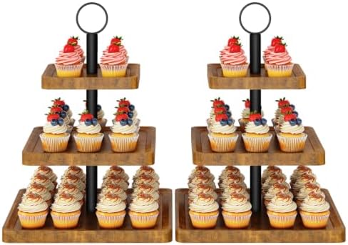 IBUYKE 3 Tier Square Cupcake Stand, Set of 2,Rustuc Brown TLJ030H-2 by IBUYKE