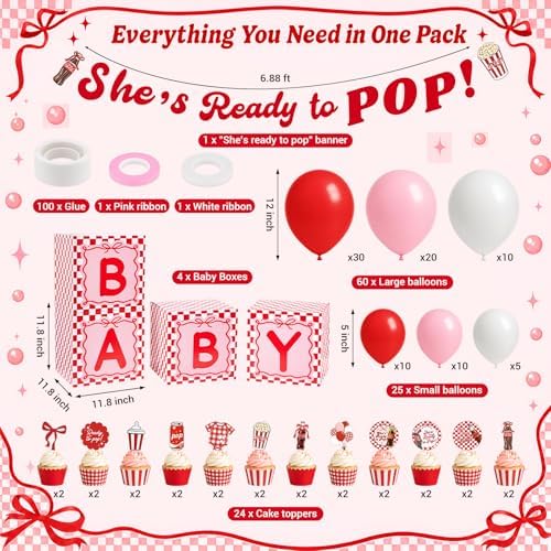 119Pcs She's Ready to Pop Baby Shower Decorations for Girl Soda Pop Theme Party Supplies with Red Pink White Balloon Garland Arch Kit Backdrop Tablecloth Banner Baby Boxes and Cake Toppers - Image 3