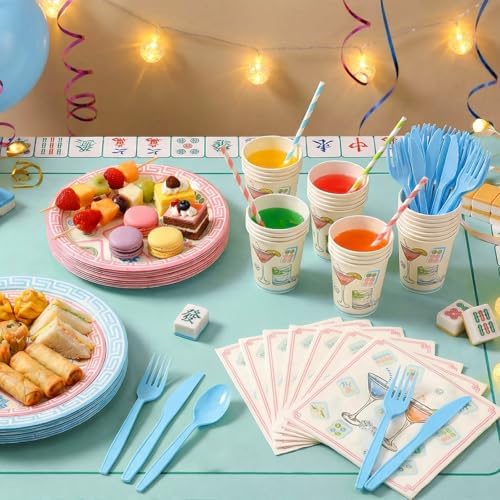 350 Pcs Mahjong Paper Plates and Napkins Set for 50 Guests - Disposable Tableware with Cups Forks Knives Spoons, Mahjong Themed Party Supplies for Game Night Birthday Decorations - Image 7
