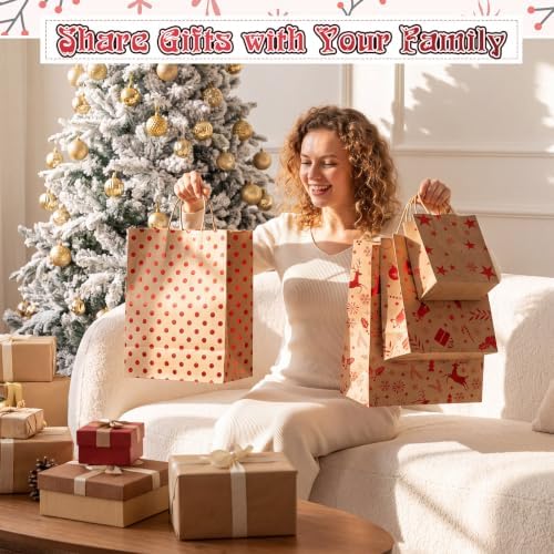 Humyoun 24 Pack Christmas Paper Gift Bags Bulk Assorted Sizes, Khaki,Red - Image 6