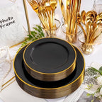 SUT 175 Piece Black and Glod Plastic Dinnerware Set for 25 Guests, Disposable Plastic Plates, Include: 25 Dinner Plates, 25 Dessert Plates, 25 Pre Rolled Napkins with Silver Silverware, 25 Cups - Image 7