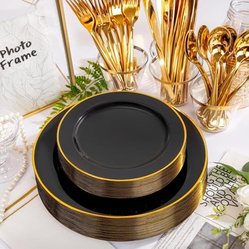 SUT 175 Piece Black and Glod Plastic Dinnerware Set for 25 Guests, Disposable Plastic Plates, Include: 25 Dinner Plates, 25 Dessert Plates, 25 Pre Rolled Napkins with Silver Silverware, 25 Cups - Image 7