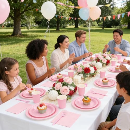 Light Pink Plates and Napkins Include 9’’Disposable Burgundy Paper Plate, 7’’Dessert Plates and Cups and Napkins Forks Set for Baby Showers, Birthday, Wedding, Serves 50 - Image 7