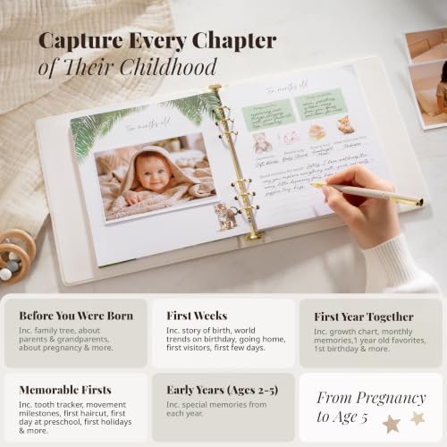 Personalized Faux Leather Baby Memory Book Keepsake for Boy or Girl - Enter any Name w/Gold Foil Stamp for Special Touch I First 5 Year I Gender Neutral, Safari Theme - Baby First Year Book inc Pen - Image 4