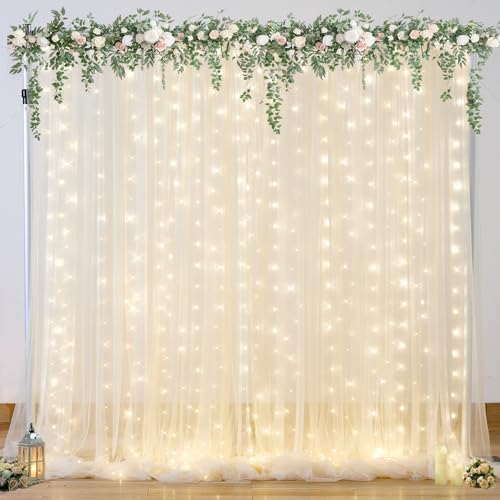 Champagne Backdrop Curtains with Lights String for Wedding Parties 10×10ft Sheer Tulle Backdrop Curtain for Bridal Shower Baby Shower Birthday Party Photo Shoot Decorations 2 Panels 5×10ft by Suppromo