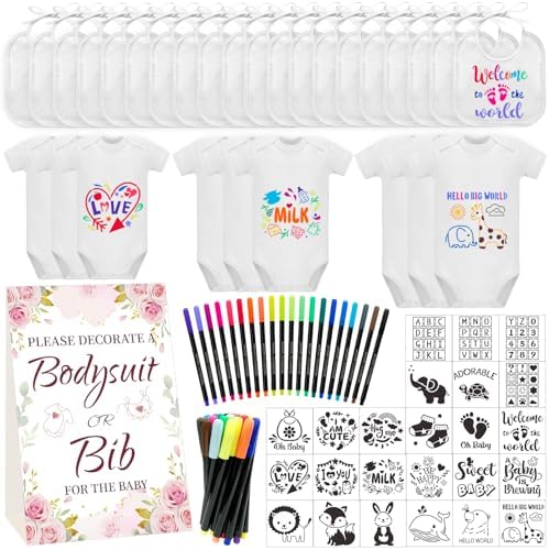 Bibs Bodysuits Baby Shower Game Sign Set Newborn Onesies Feeder Gift Fabric Marker Stencils Kit by Aisharery