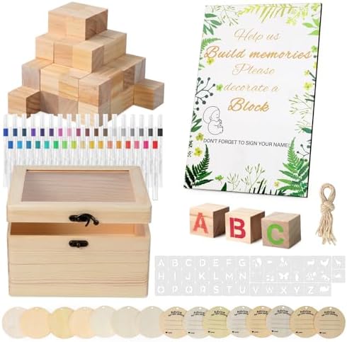 144 Pcs Baby Shower Game Sign Kit, Baby Shower Blocks Games Sets, Includes 50 DIY Blank Wooden Blocks, 41 Stencils, 36 Paint Markers, 15 Advice Cards, 1 Storage Box and 1 Wooden Sign by MUNNAR