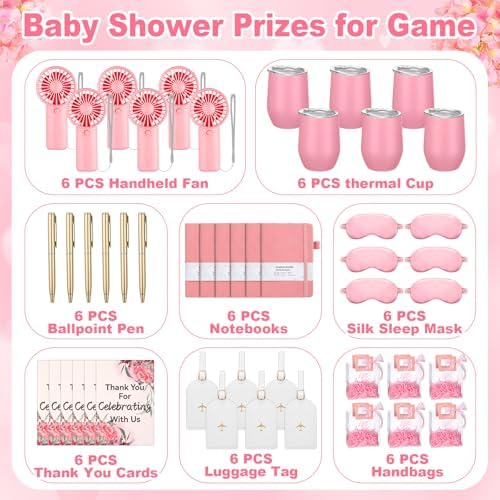 Talltalk 6 Sets Baby Shower Prizes for Game Wedding Bridal Shower Winners Gifts Guest Favors Luggage Tag Handheld Fan Cup Notebooks Silk Eye Mask Ballpoint Pen Card Bags(Pink) - Image 3