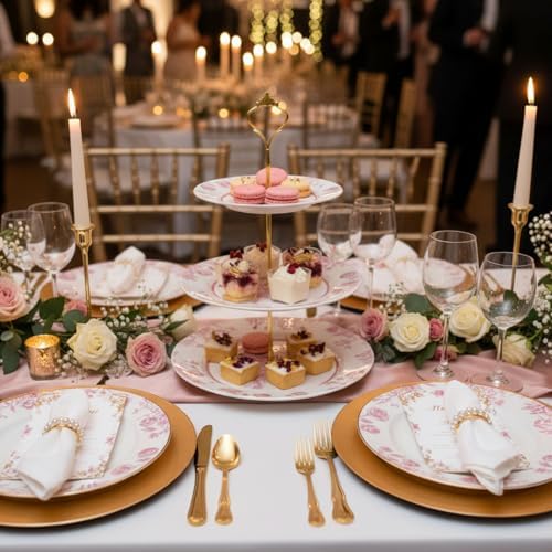 Lallisa Pink Floral 3 Tier Dessert Stand 10", 9" and 7" Ceramic Vintage Chinoiserie Tea Party Tiered Tray Cupcake Stand Display Holder Tower for Wedding Baby Shower Bridal Shower Tea Party - Image 2