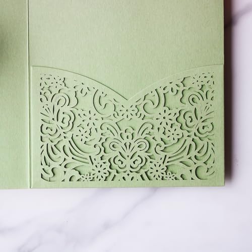 Hosmsua 50PCS Sage Green Wedding Invitation Pocket with Envelopes, 5.12 x 7.2 Trifold Laser Cut Lace Flora Invitations for Quinceanera Sweet 16 Quince Invitation (No Inner Sheet) - Image 7