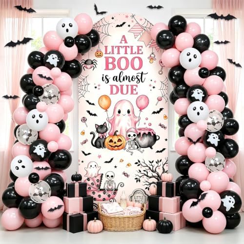 Pink Halloween Baby Shower Party Decoration Set, 6 Ft A Little Boo is Almost Due Stretchy Arch Backdrop Covers with Bat Stickers Balloon Garland Kit for Baby Shower Birthday Party Decor - Image 2