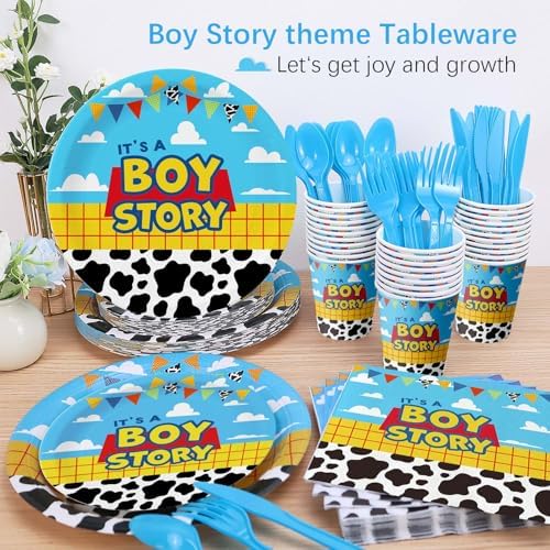 Cartoon Boy Story Baby Shower Decorations Plates 25 Guests,175 Pcs It's A Boy Story Baby Shower Cardstock Paper Plates Napkins Cups Cutlery Set Party Decorations (Pack of 3) - Image 3