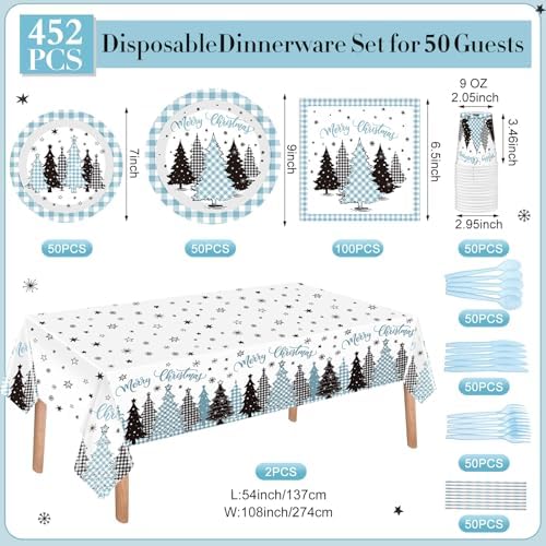 Funnymoom 452 Pcs Light Blue Christmas Party Decoration for 50, Plaid Gingham Tree Blue Xmas Paper Plates Napkins Cups Tablecloth Cutlery Straws for Winter Holiday Baby Shower Birthday Party Supplies - Image 3