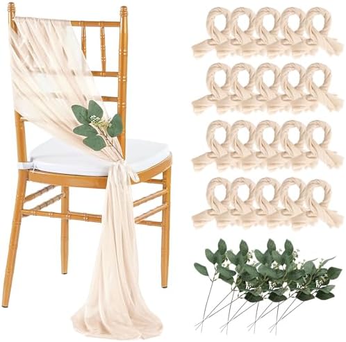 QueenDream Champagne Chair Sashes Wedding Aisle Decorations: 16 Packs 8ft Long Draping Fabric Sheer Church Chair Cover Bulk for Party Banquet by QueenDream