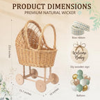 Vintage Wicker Baby Carriage for Baby Shower with Sage Green Bow & Balloons - Image 2