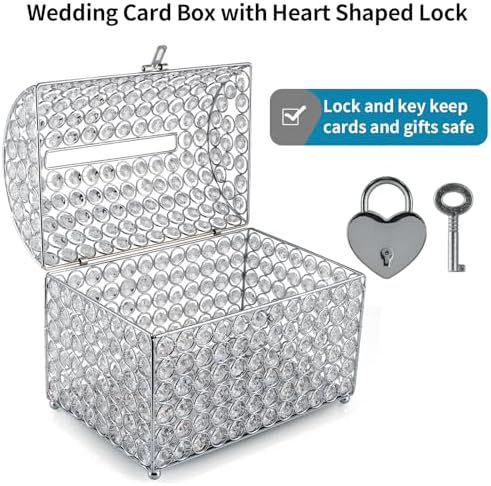 MDLUU Large Wedding Card Box, Treasure Chest Wedding Money Holder with Heart Shaped Lock, Crystal Bead Card Receiving Box for Wedding, Reception, Birthday Party - Image 4