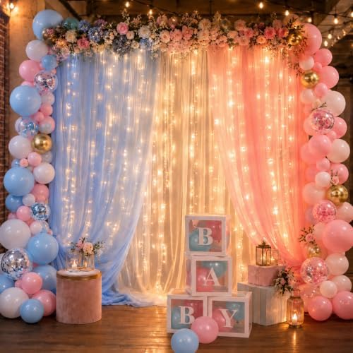 Gender Reveal Decorations Kit-Backdrop, Balloons & Lamp String by LZLUCKCOME