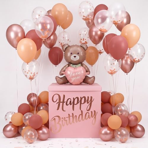 28in Extra Large Birthday Gift Box with Big Bear Foil Balloon and 12in Rose Gold Balloon Set Jumbo Giant Gift Box Decoration Kit with Happy Birthday Stickers by VercanMonth