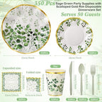 Ziliny 350 Pcs Sage Green Party Supplies Tableware Set Disposable 9'' 7'' Paper Plates 9 oz Cups Cutlery Napkins Dinnerware Set for Wedding, Bridal Birthday Serve 50 (Sage, Green, Gold) - Image 2