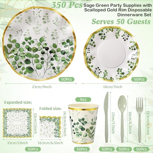 Ziliny 350 Pcs Sage Green Party Supplies Tableware Set Disposable 9'' 7'' Paper Plates 9 oz Cups Cutlery Napkins Dinnerware Set for Wedding, Bridal Birthday Serve 50 (Sage, Green, Gold) - Image 2