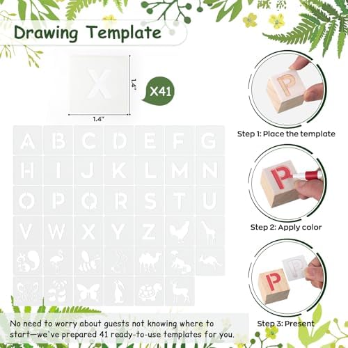 144 Pcs Baby Shower Game Sign Kit, Baby Shower Blocks Games Sets, Includes 50 DIY Blank Wooden Blocks, 41 Stencils, 36 Paint Markers, 15 Advice Cards, 1 Storage Box and 1 Wooden Sign - Image 4