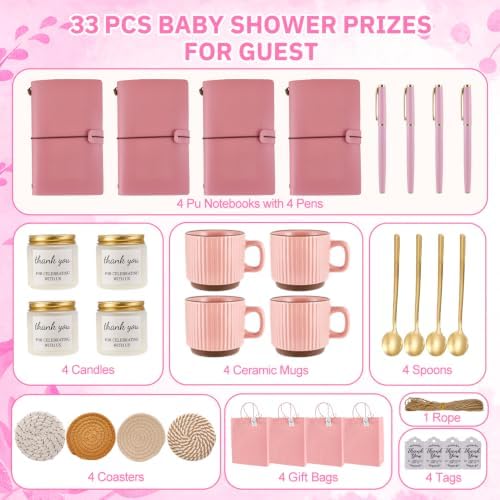 Baby Shower Prizes for Game Winners Baby Shower Games Prizes Ceramic Mugs with Metal Spoons Woven Coasters Notebooks Scented Candles Gift Bags Wedding Bridal Shower Favors for Guests (4, Pink) - Image 4